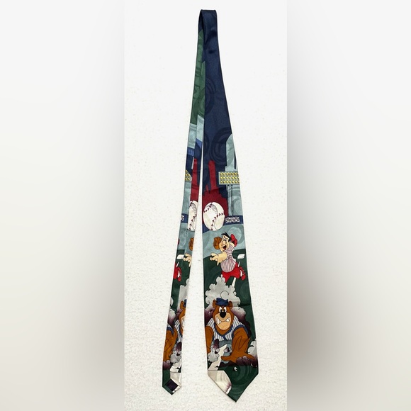 Vintage 1994 Cartoon Network Silk Necktie Baseball Fred Flintstone Yogi Bear - Picture 5 of 11